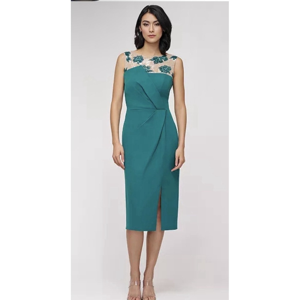 JS Collections Women's Adelaide Illusion-Yoke Embellished Sheath Dress Emerald
